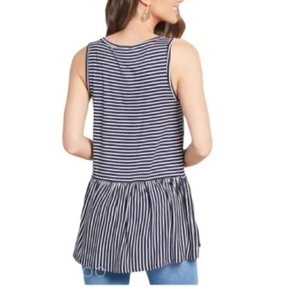 Modcloth Stripe Ruffle Tank Top In Every Direction Knit Navy Blue Cream White S - Picture 3 of 12
